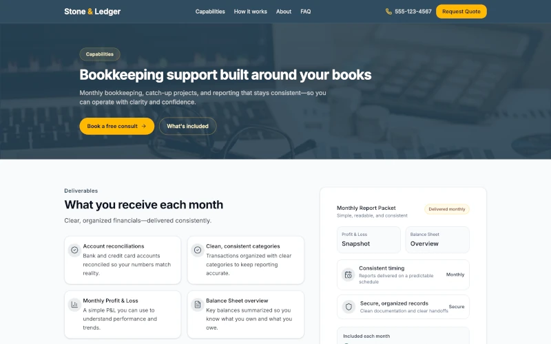 Bookkeeping services page demo screenshot